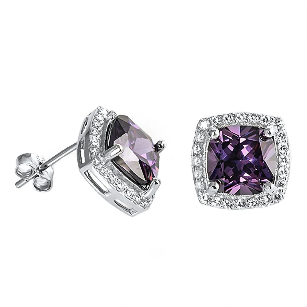 Roanna: 8mm Amethyst Ice CZ Cushion cut & IOF CZ Halo Silver Earrings - 1000Jewels.com