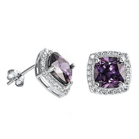 Roanna: 8mm Amethyst Ice CZ Cushion cut & IOF CZ Halo Silver Earrings - 1000Jewels.com
