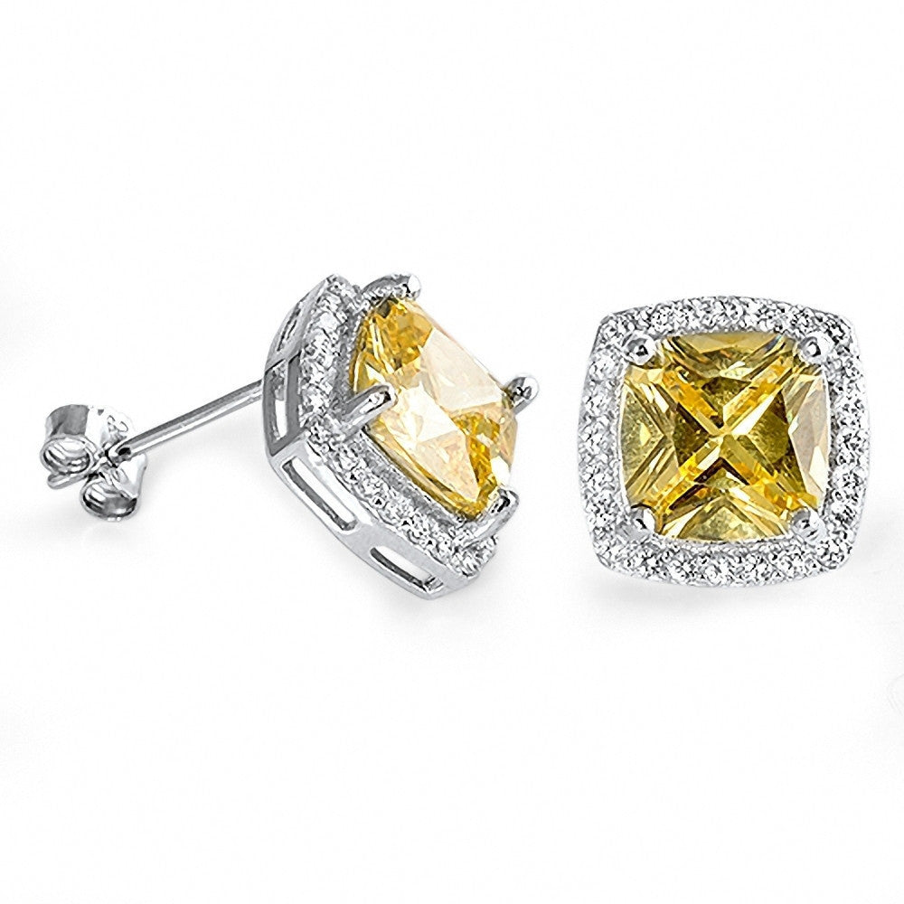 Rochelle: 8mm Citrine Ice CZ Cushion cut & IOF Halo Silver Earrings - 1000Jewels.com