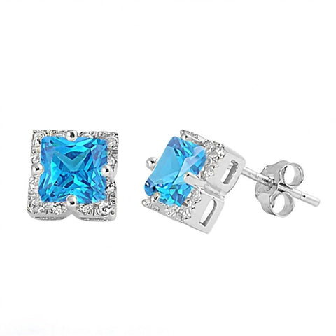 Abby: 6mm Princess cut Blue Topaz Ice CZ & IOF Halo Silver Earrings - 1000Jewels.com