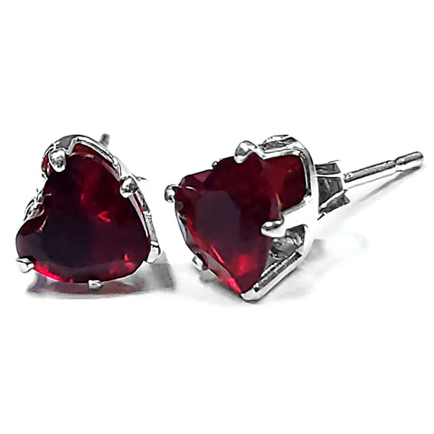 Heart Cut Red Fire Garnet Ice CZ Silver Stud Earrings - 1000Jewels.com