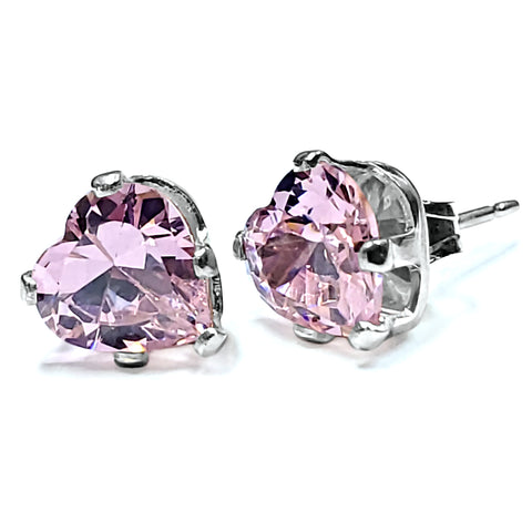 Heart Cut Simulated Pink Tourmaline Ice CZ Silver Stud Earrings - 1000Jewels.com