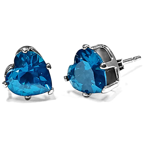 Heart Cut Blue Zircon Ice CZ Silver Stud Earrings - 1000Jewels.com