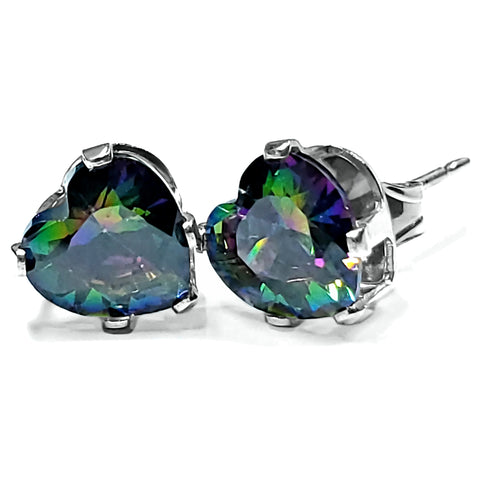 Heart Cut Simulated Rainbow Mystic Topaz Ice CZ Silver Stud Earrings - 1000Jewels.com