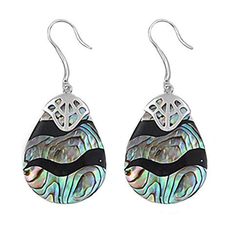 Luna: Onyx & Abalone Shell Banded Tear-drop Silver Dangle Earrings - 1000Jewels.com