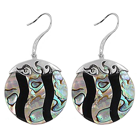 Lana: Black Onyx & Abalone Shell Circular Silver Dangle Earrings - 1000Jewels.com