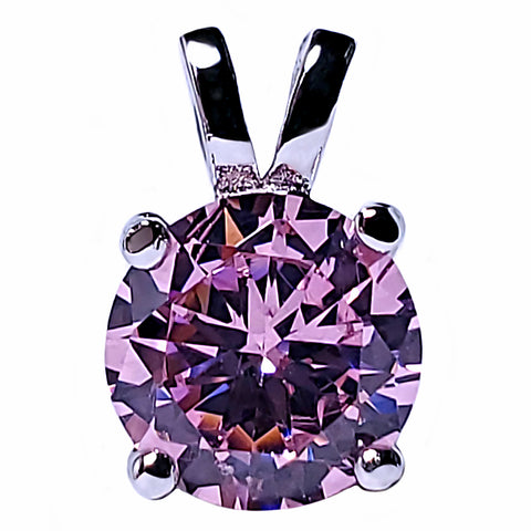 7mm Brilliant Cut Simulated Pink Tourmaline Ice CZ Solitaire Pendant Sterling Silver - 1000Jewels.com