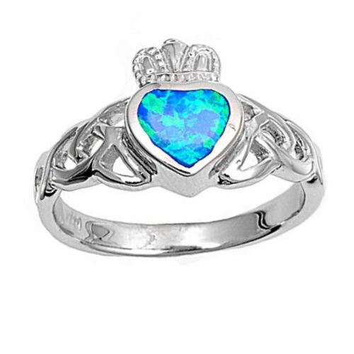 Caronwyn: 0.75ct Heart cut Blue Opal Celtic Knot Claddagh Ring Silver - 1000Jewels.com