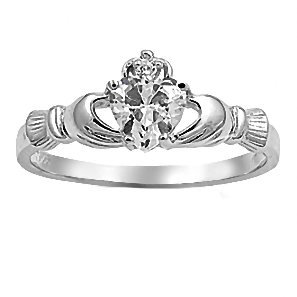 Alaina: 0.765ct Heart cut Russian Ice on Fire CZ Claddagh Ring Silver - 1000Jewels.com