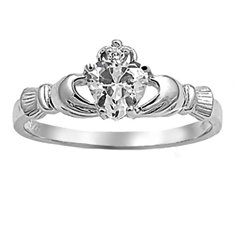 Alaina: 0.765ct Heart cut Russian Ice on Fire CZ Claddagh Ring Silver - 1000Jewels.com