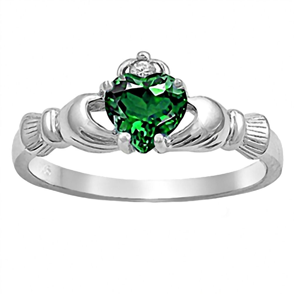 Brandi: 0.765ct Heart cut Simulated Green Emerald Claddagh Ring Silver - 1000Jewels.com