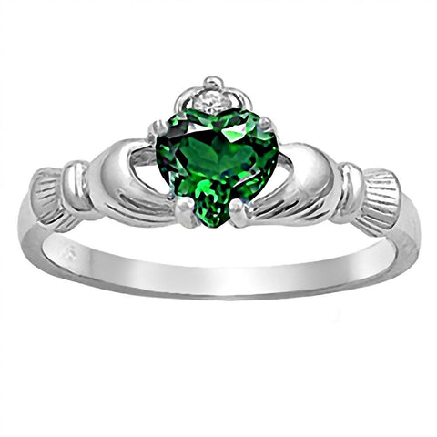 Brandi: 0.765ct Heart cut Simulated Green Emerald Claddagh Ring Silver - 1000Jewels.com