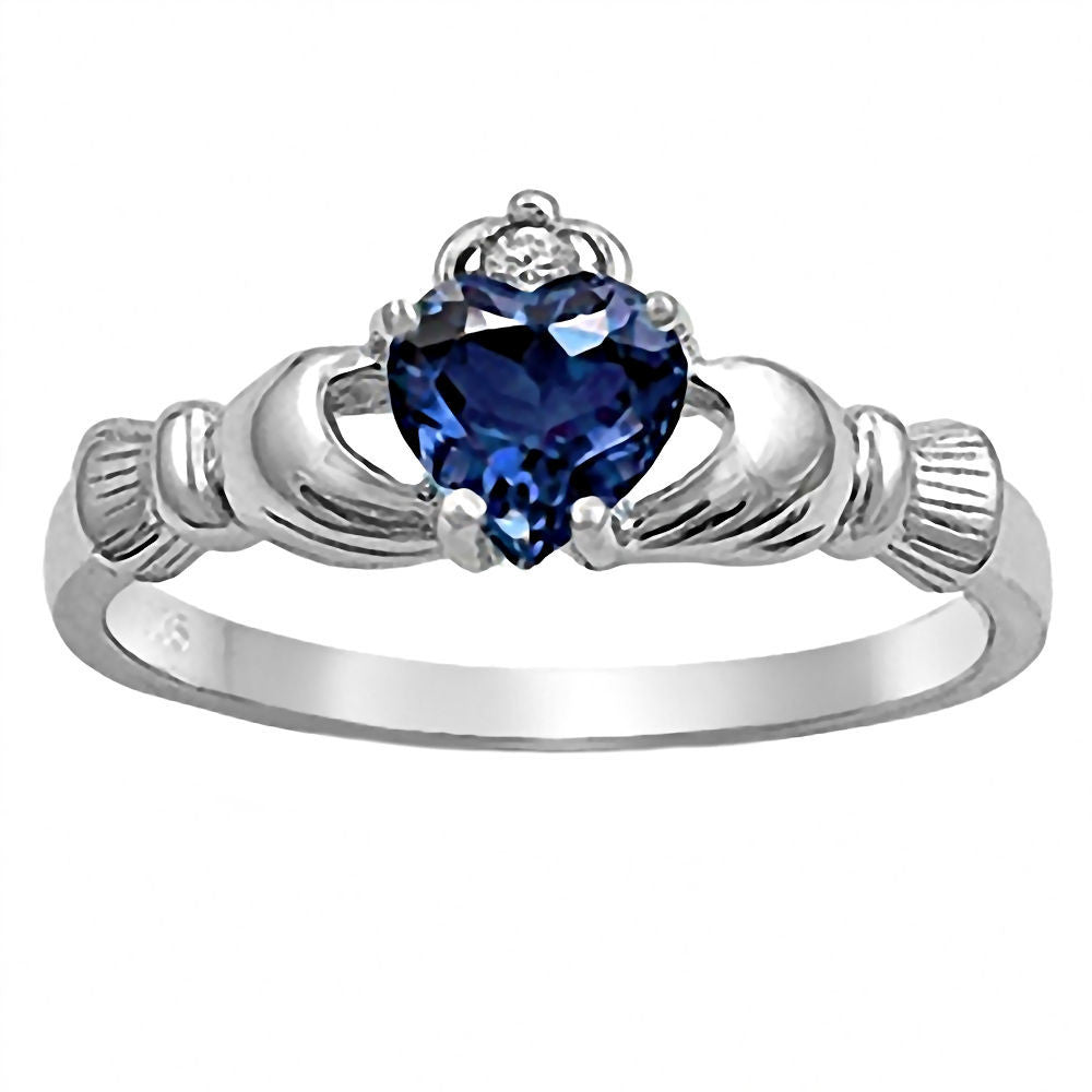 Corrine: 0.765ct Heart cut Created Blue Sapphire Claddagh Ring Silver - 1000Jewels.com