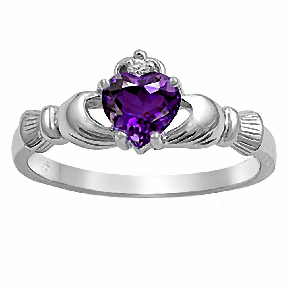 Delaney: 0.765ct Heart cut Purple Amethyst Claddagh Ring Silver - 1000Jewels.com