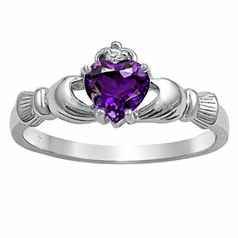 Delaney: 0.765ct Heart cut Purple Amethyst Claddagh Ring Silver - 1000Jewels.com