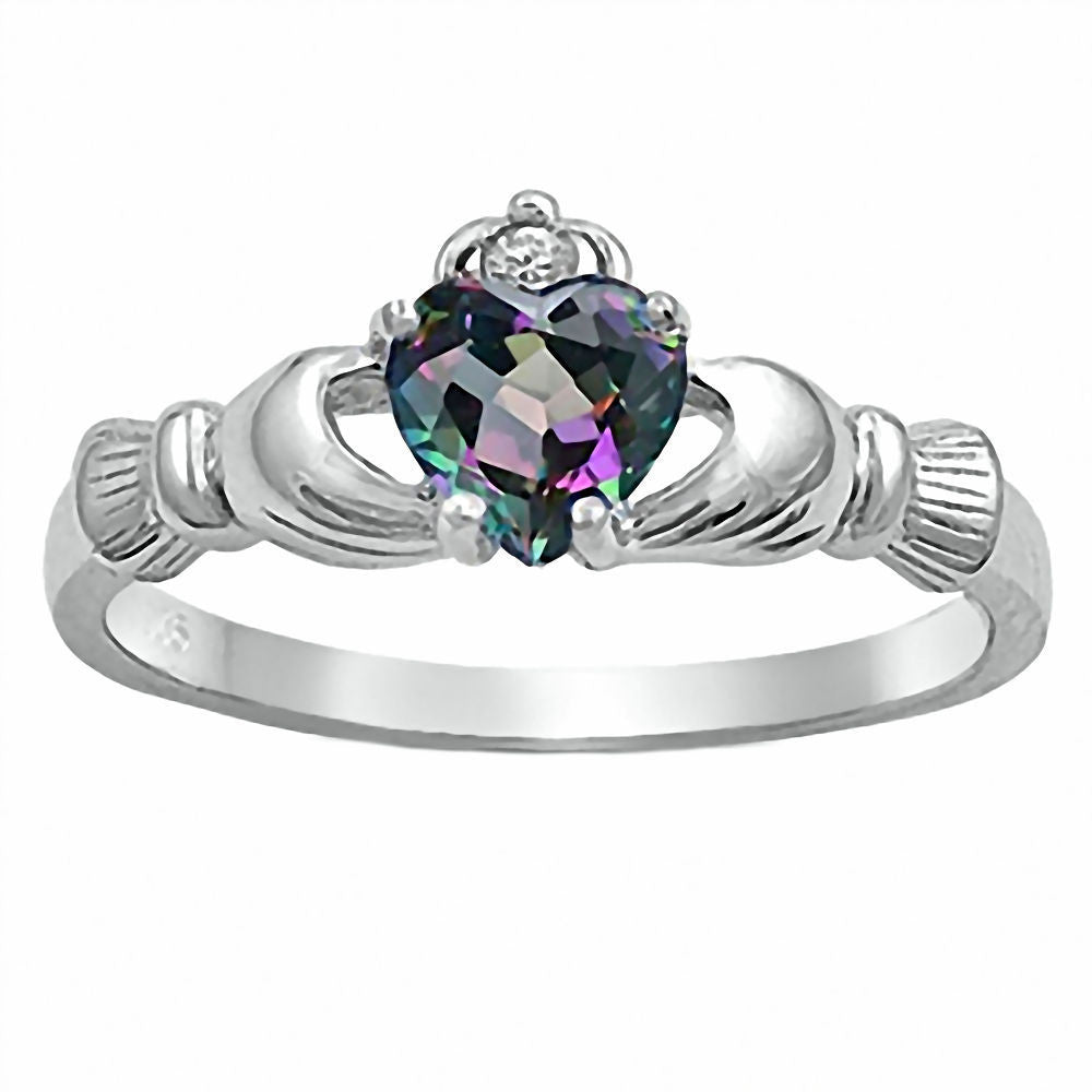 Eris: 0.765ct Heart cut Mystic Rainbow Topaz Claddagh Ring Silver - 1000Jewels.com