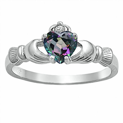 Eris: 0.765ct Heart cut Mystic Rainbow Topaz Claddagh Ring Silver - 1000Jewels.com