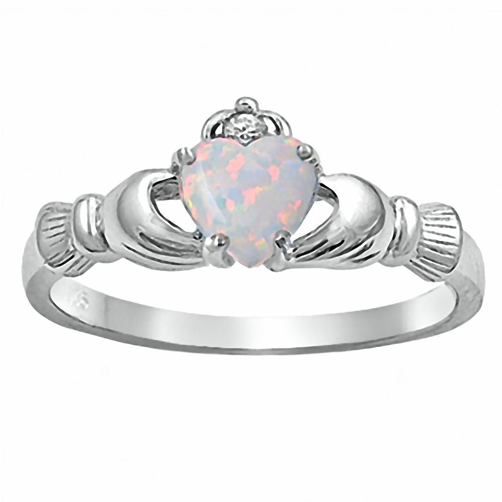 Fidelity: 0.765ct Heart cut Fiery White Opal Claddagh Ring Silver - 1000Jewels.com