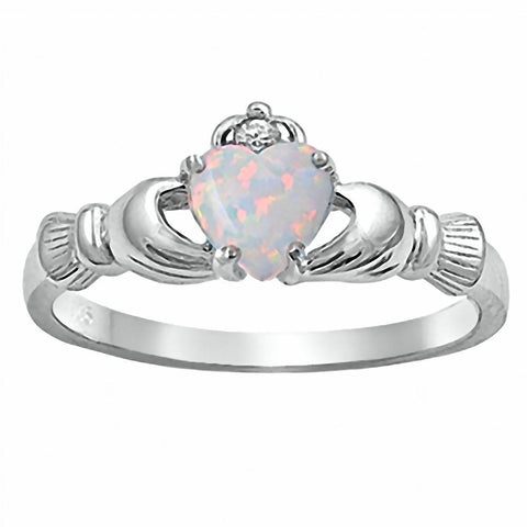 Fidelity: 0.765ct Heart cut Fiery White Opal Claddagh Ring Silver - 1000Jewels.com