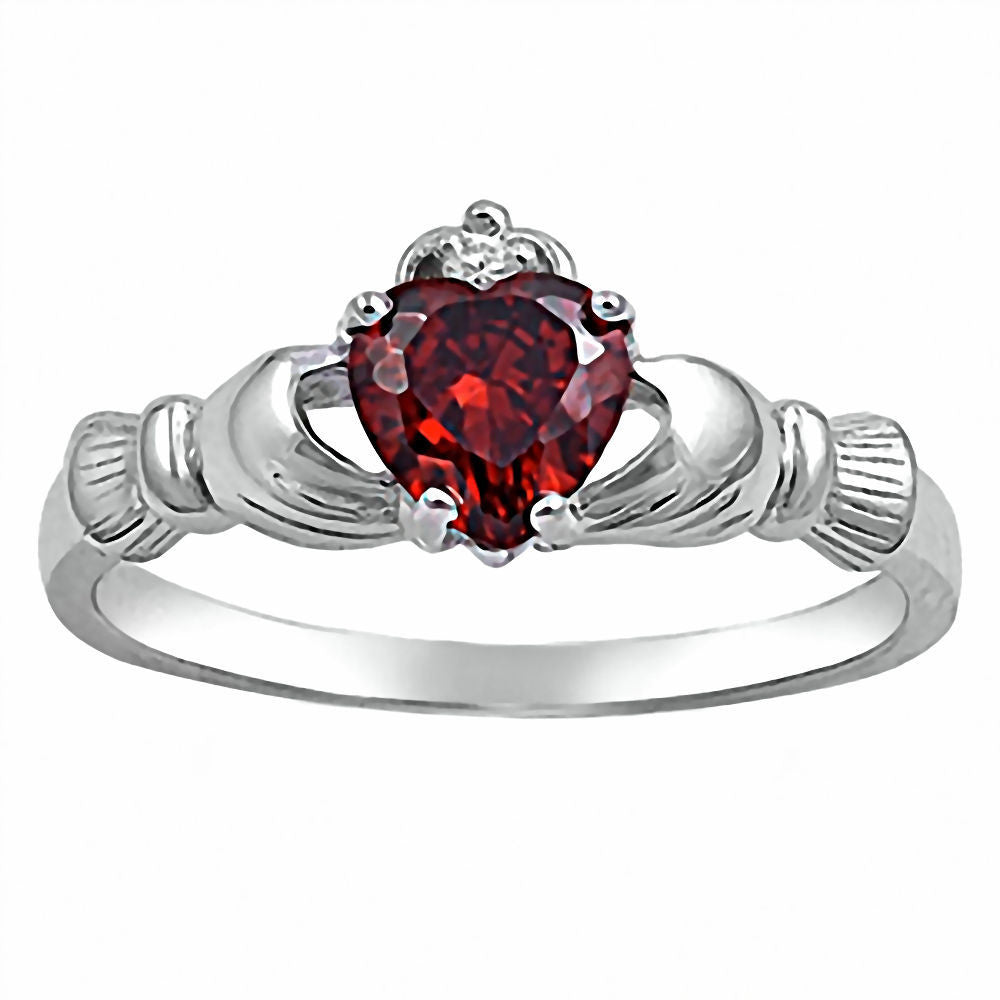 Glenda: 0.765ct Heart cut Red Fire Garnet Claddagh Ring Silver - 1000Jewels.com