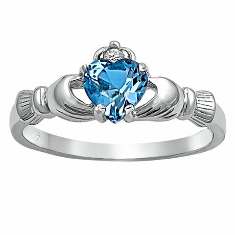 Havana: 0.765ct Heart cut Blue Topaz CZ Claddagh Ring Sterling Silver - 1000Jewels.com