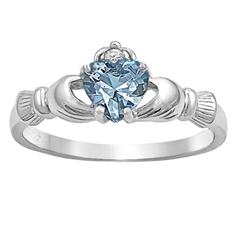 Kandice: 0.765ct Heart cut Aquamarine Claddagh Ring Sterling Silver - 1000Jewels.com