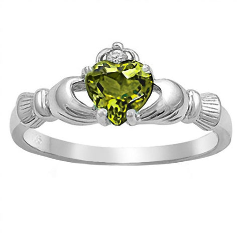Liadan: 0.765ct Heart cut Peridot Ice CZ Claddagh Ring Silver - 1000Jewels.com