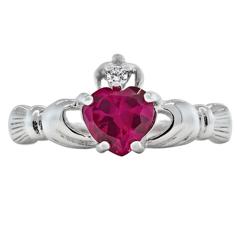 Myrna: 0.765ct Heart cut Ruby Ice CZ Claddagh Promise Ring Silver - 1000Jewels.com