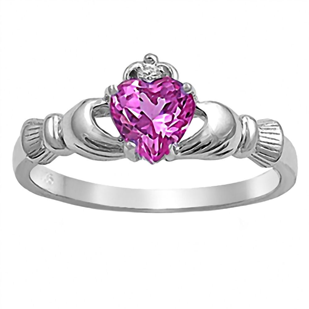 Niam: 0.765ct Heart cut Pink Sapphire Claddagh Promise Ring Silver - 1000Jewels.com