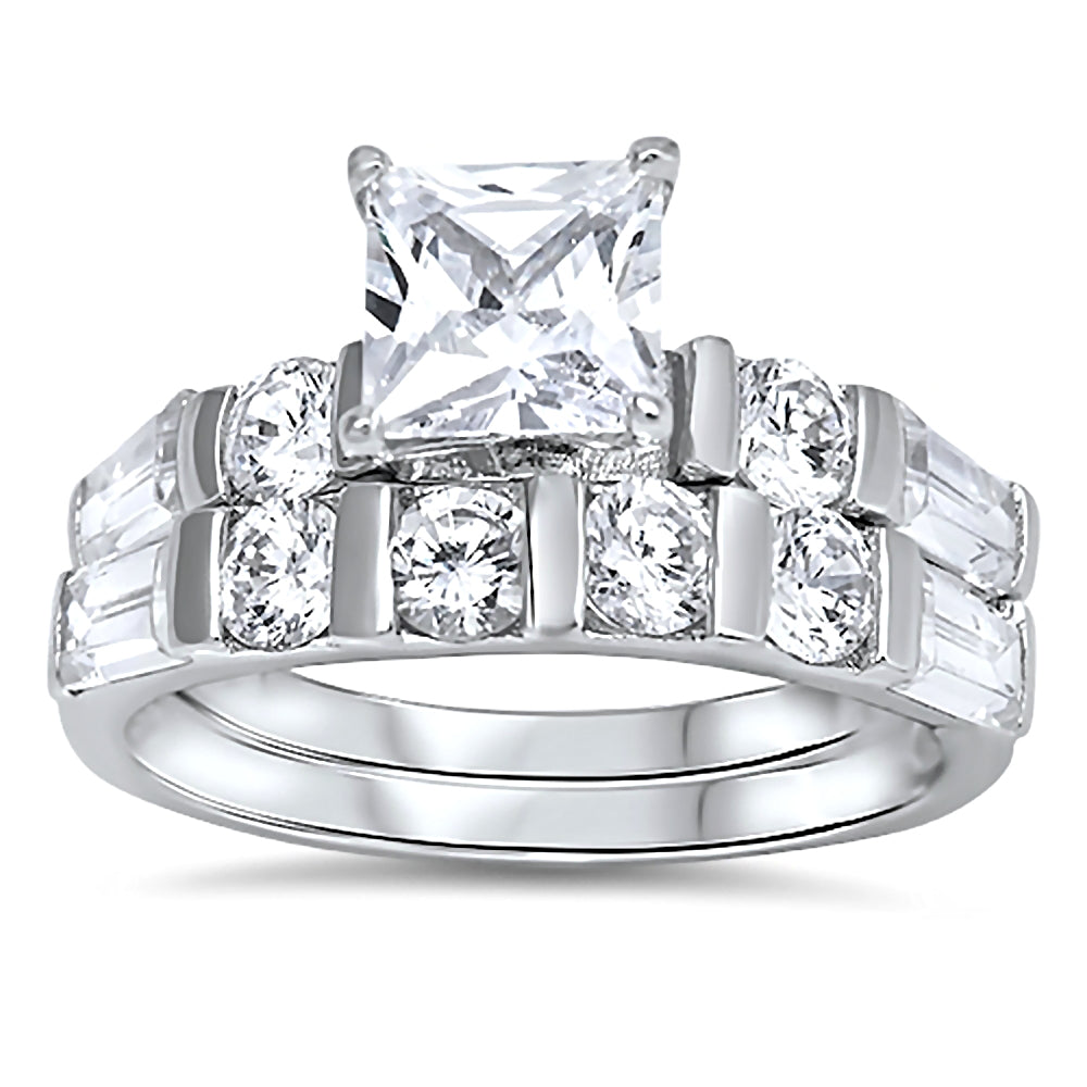 Kara: Princess Cut Ice on Fire CZ Womens 2pc Wedding Ring Set Sterling Silver - 1000Jewels.com
