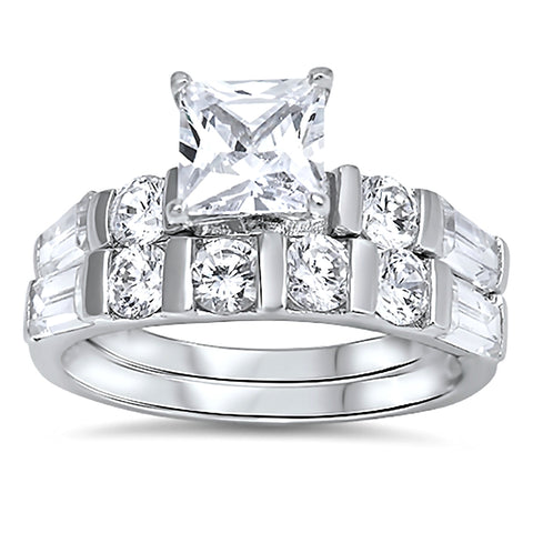 Kara: Princess Cut Ice on Fire CZ Womens 2pc Wedding Ring Set Sterling Silver - 1000Jewels.com