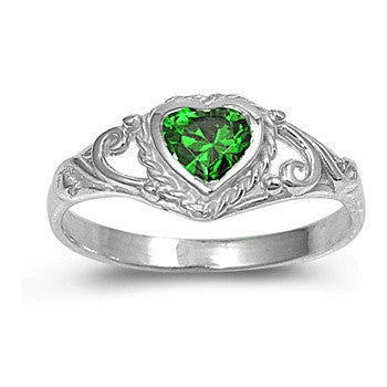 Belle: 4mm Heart Cut Simulated Emerald Baby Ring 925 Sterling Silver - 1000Jewels.com