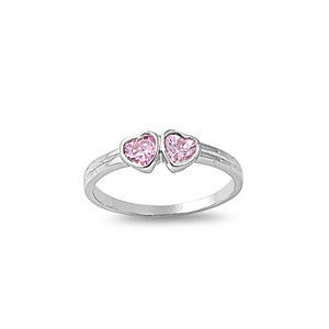 Adora: 3.5mm Heart Cut Pink Ice CZ Twin Heart Baby Ring 925 Sterling Silver - 1000Jewels.com