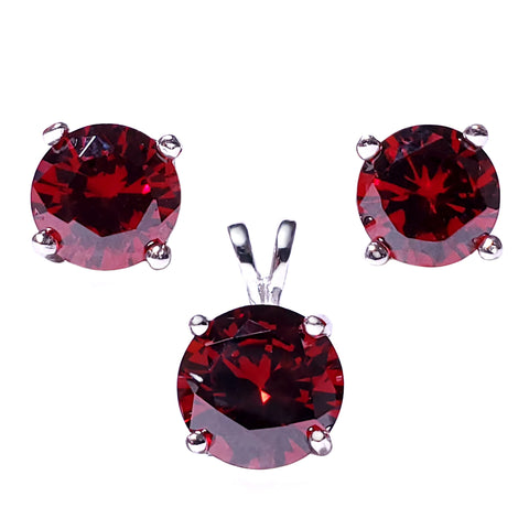 Brilliant Cut Simulated Garnet Ice CZ Silver 7mm Pendant and 6mm Earring Set - 1000Jewels.com