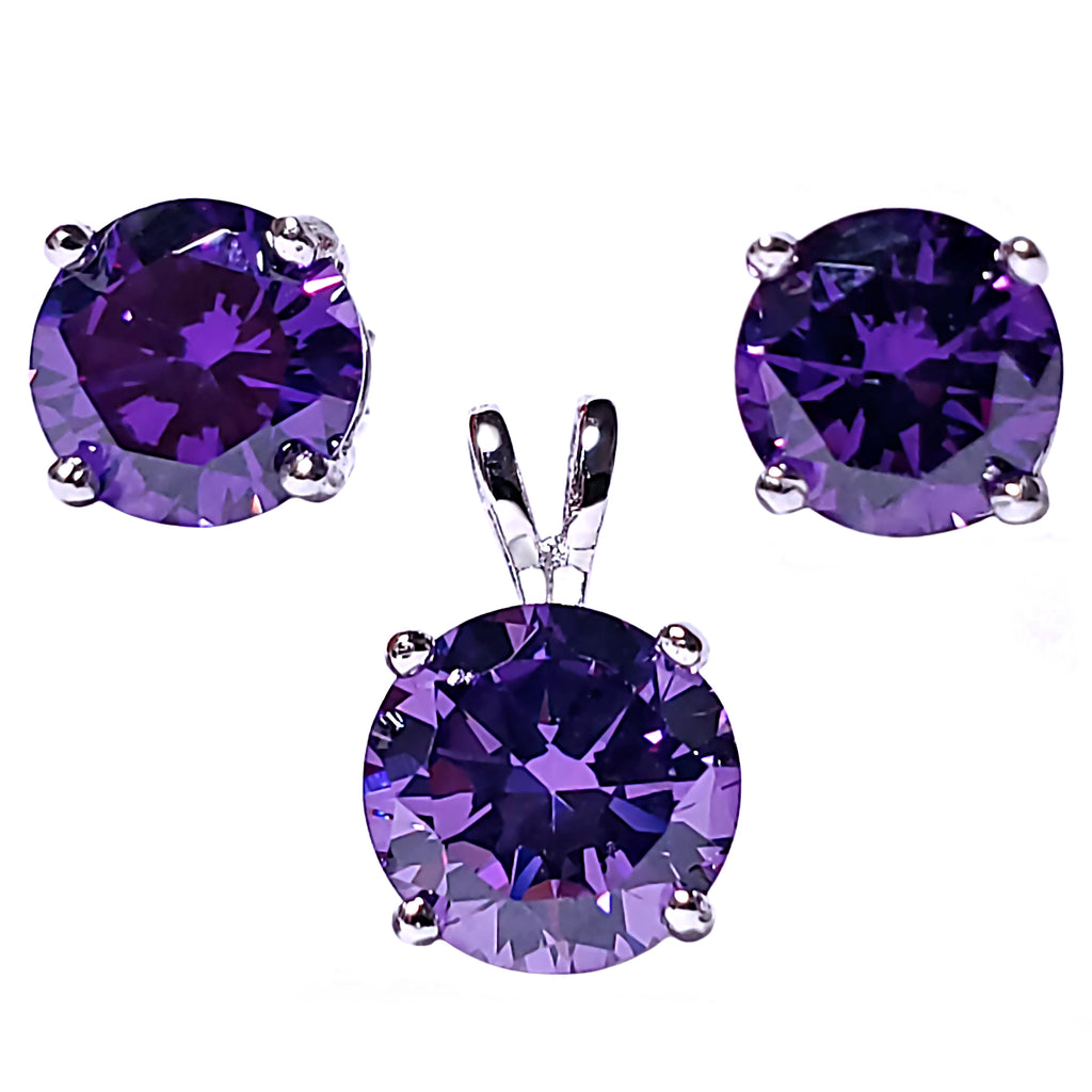 Brilliant Cut Simulated Amethyst Ice CZ Silver 7mm Pendant and 6mm Earring Set - 1000Jewels.com