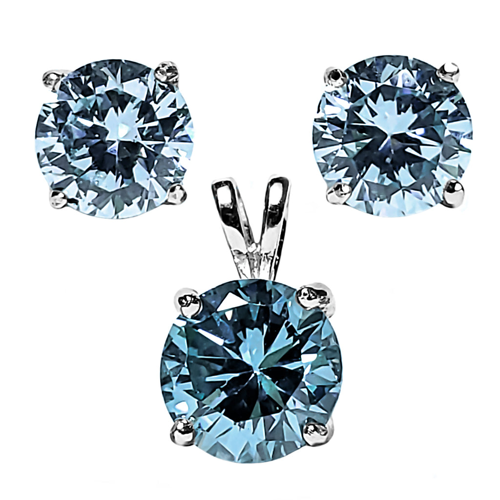 Brilliant Cut Simulated Aquamarine Ice CZ Silver 7mm Pendant and 6mm Earring Set - 1000Jewels.com