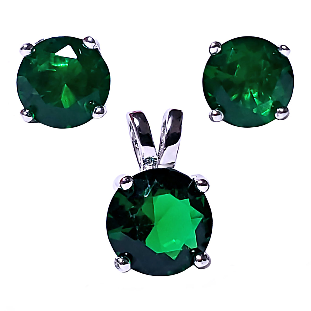 Brilliant Cut Simulated Emerald Ice CZ Silver 7mm Pendant and 6mm Earring Set - 1000Jewels.com