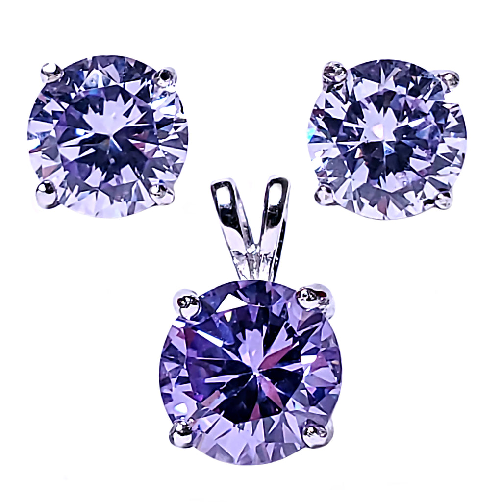 Brilliant Cut Simulated Alexandrite Ice CZ Silver 7mm Pendant and 6mm Earring Set - 1000Jewels.com