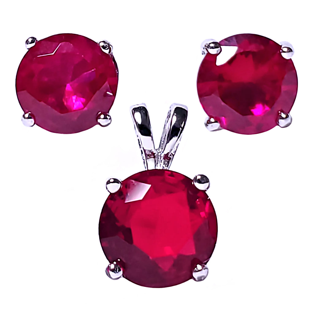 Brilliant Cut Simulated Ruby Ice CZ Silver 7mm Pendant and 6mm Earring Set - 1000Jewels.com