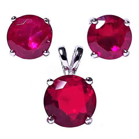 Brilliant Cut Simulated Ruby Ice CZ Silver 7mm Pendant and 6mm Earring Set - 1000Jewels.com