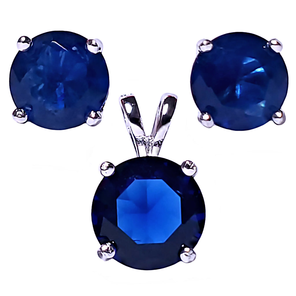 Brilliant Cut Simulated Blue Sapphire Ice CZ Silver 7mm Pendant and 6mm Earring Set - 1000Jewels.com