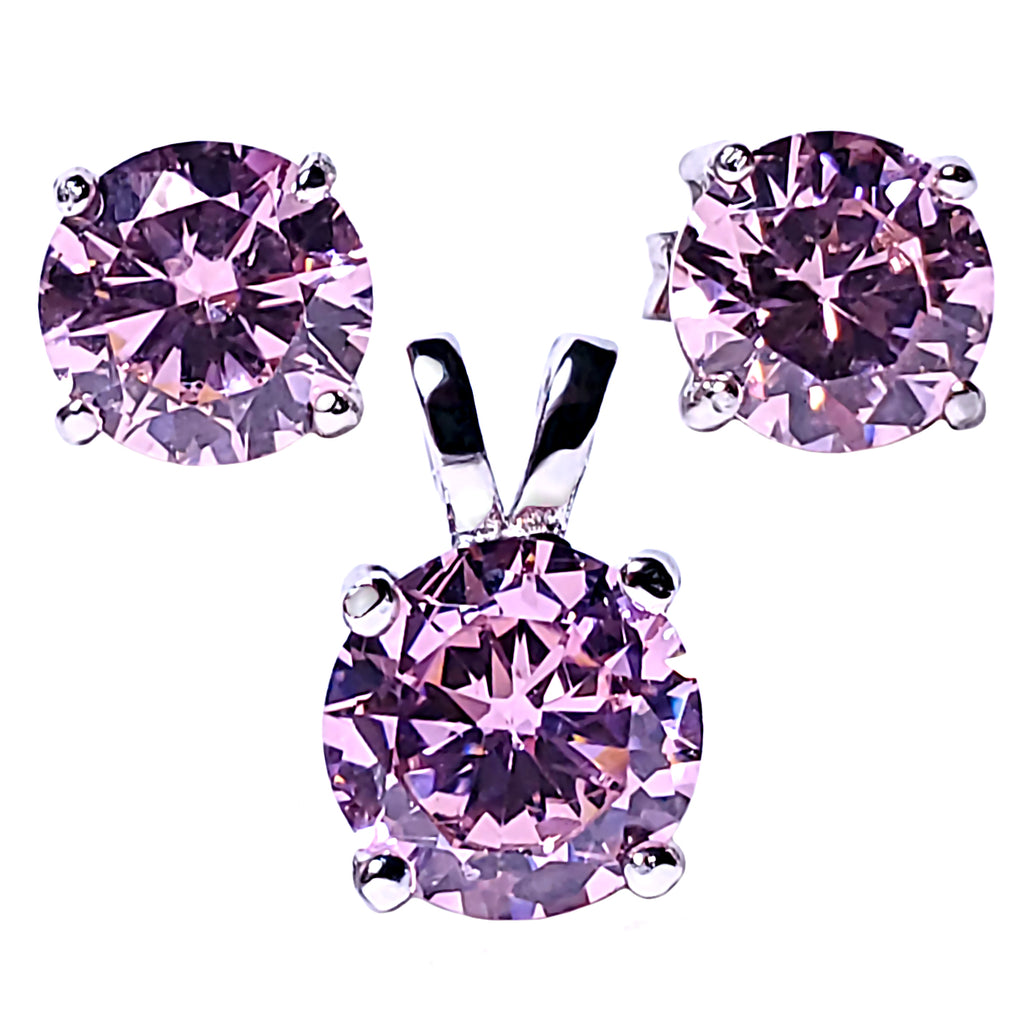 Brilliant Cut Simulated Pink Tourmaline Ice CZ Silver 7mm Pendant and 6mm Earring Set - 1000Jewels.com
