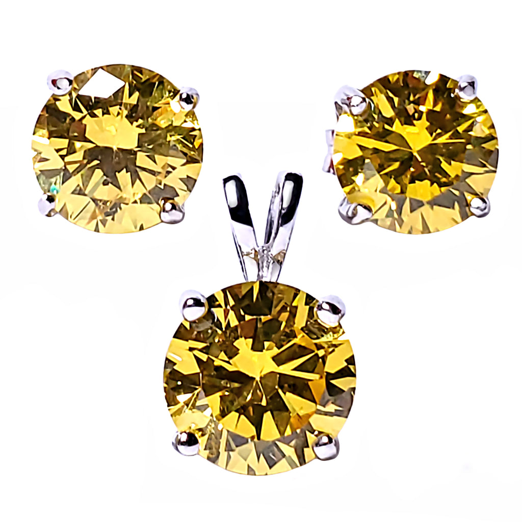 Brilliant Cut Simulated Citrine Ice CZ Silver 7mm Pendant and 6mm Earring Set - 1000Jewels.com