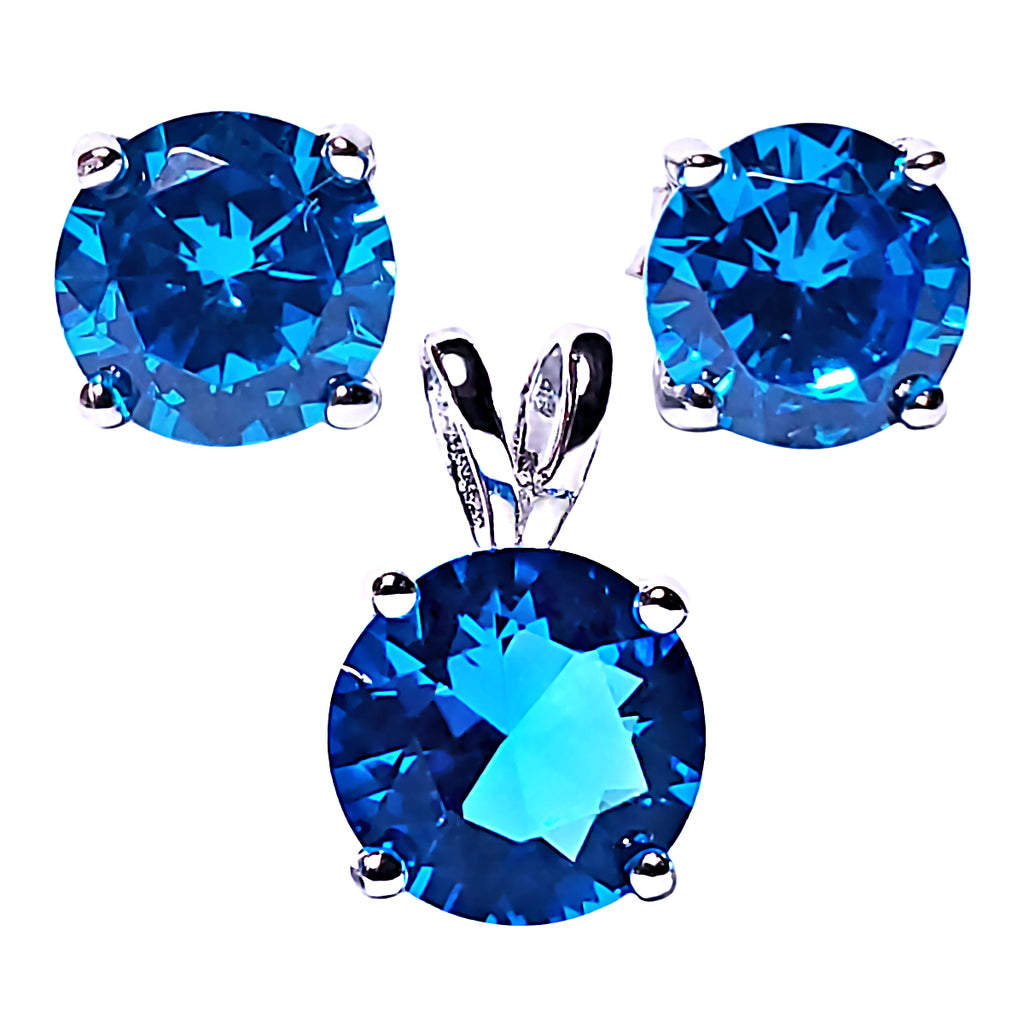 Brilliant Cut Simulated Blue Zircon Ice CZ Silver 7mm Pendant and 6mm Earring Set - 1000Jewels.com
