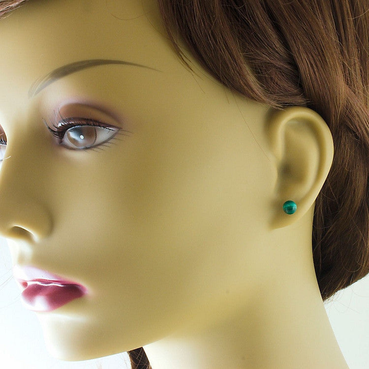 Natural Green Malachite Ball Stud Earrings 14K White Gold - 1000Jewels.com