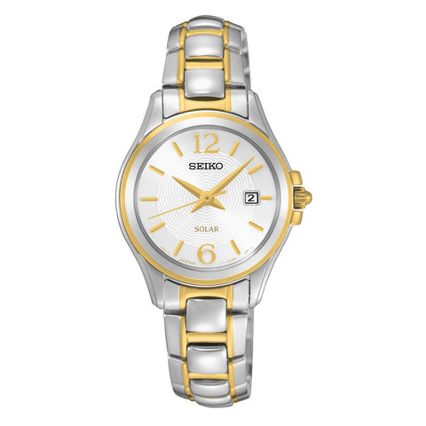 Seiko Core: Womens 44mm Solar Powered Watch with Curved Hardlex Crystal Window, Two-Tone Stainless Steel SUT250 - 1000Jewels.com