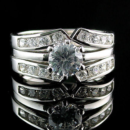 Holly: 2.2ct Ice on Fire CZ Wedding Set with Ring Guard Sterling Silver - 1000Jewels.com