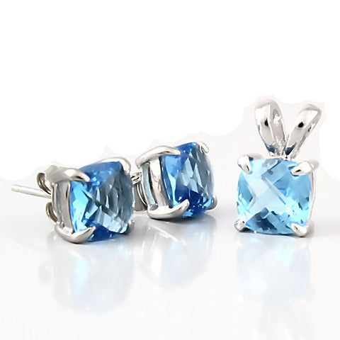 Elena: Cushion Cut Blue Topaz Crystal Pendant & Earrings Set Silver - 1000Jewels.com