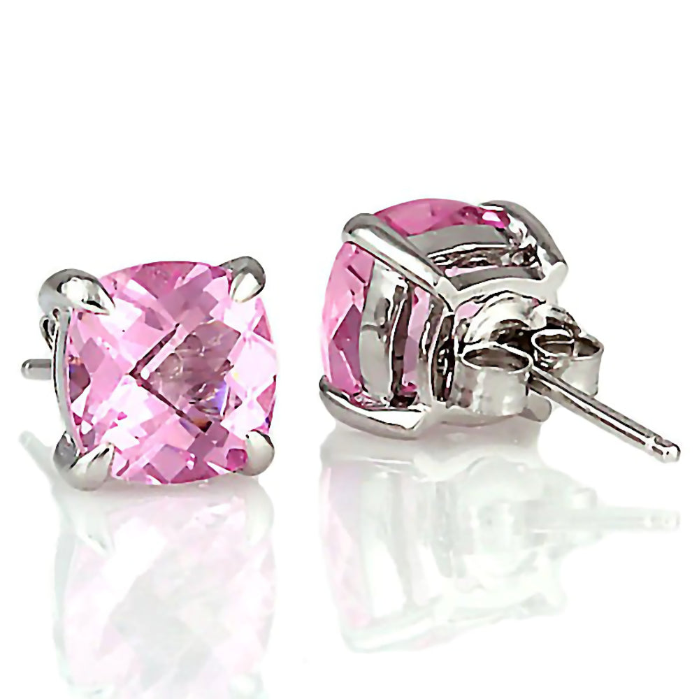 Preslie: 6.5ct, 8mm Cushion Cut Simulated Pink Tourmaline Stud Earrings Silver - 1000Jewels.com