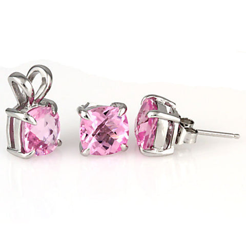 Preslie: Cushion Cut Pink Crystal Pendant & Earrings Set 925 Silver - 1000Jewels.com